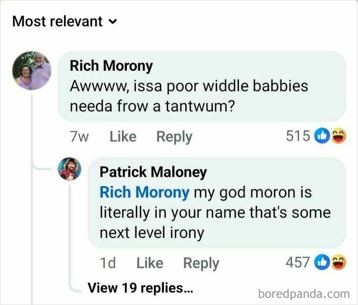 A Facebook comment section featuring a clever clapback roast where one user points out the irony of another's name, Rich Morony.