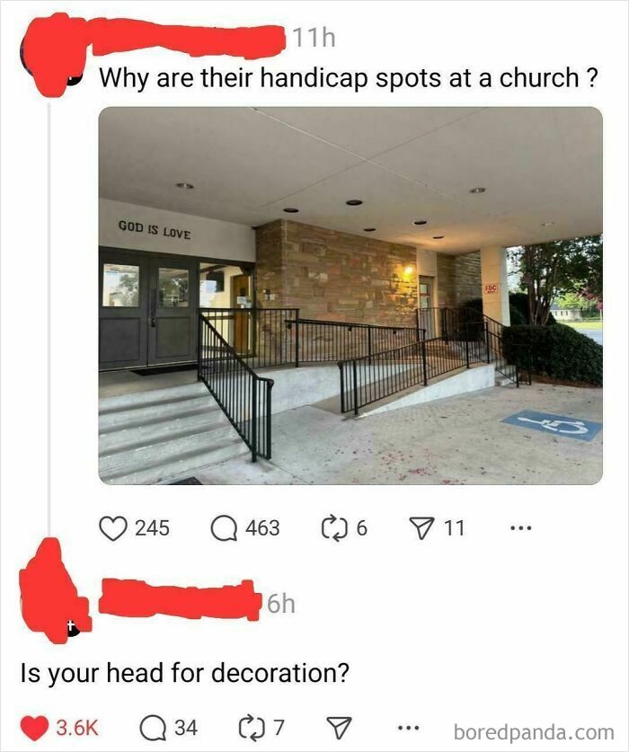 A Reddit post shows a church with a handicap ramp and parking, followed by a clever clapback.
