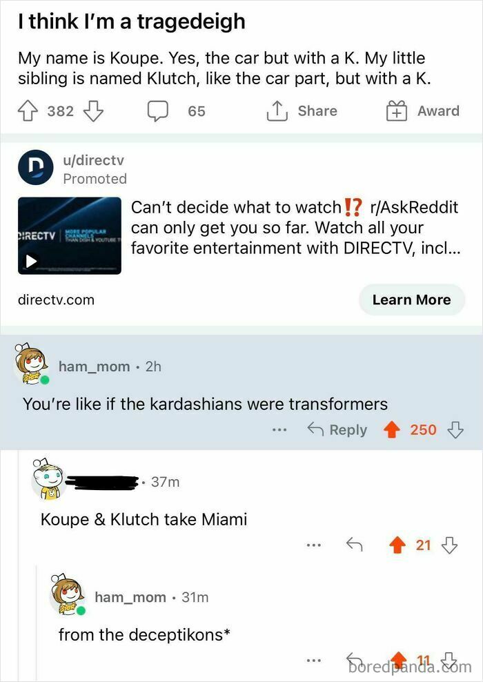 A Reddit post showing a series of clever clapback roasts in the comments, including one about Kardashians as Transformers.