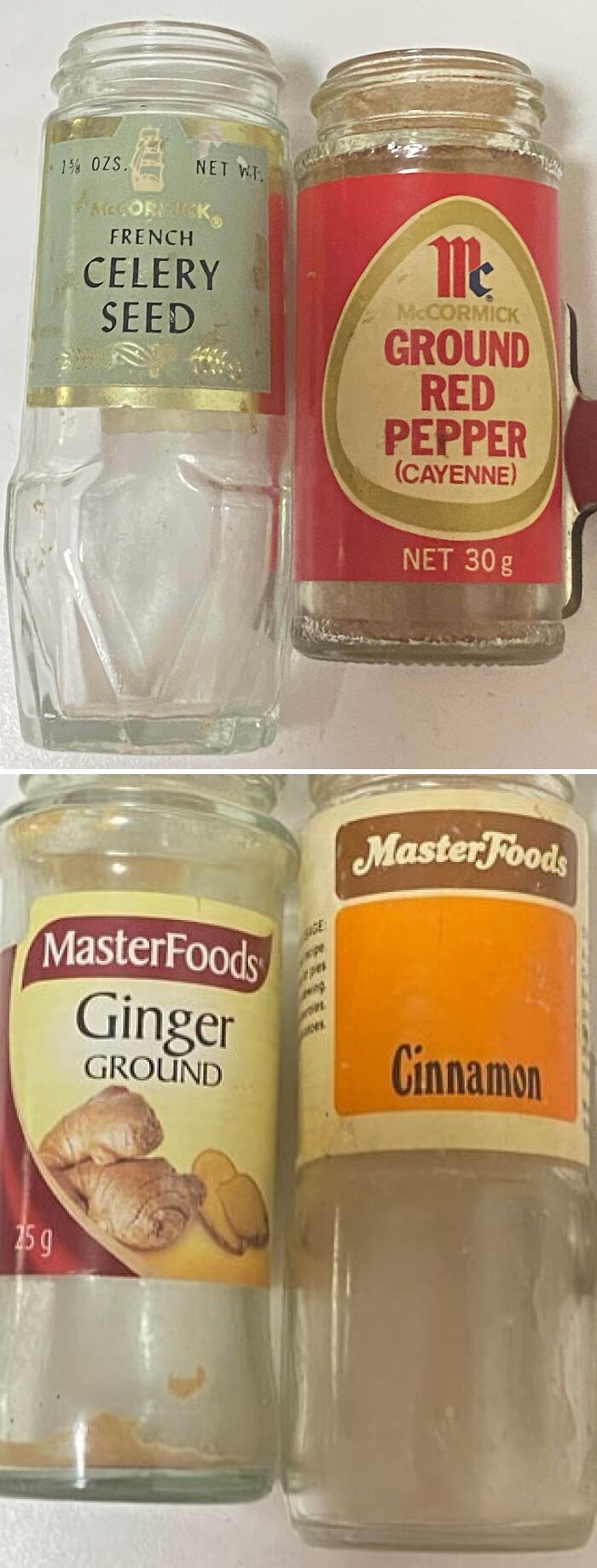 Four spice jars, French Celery Seed, Ground Red Pepper, Ground Ginger, and Cinnamon, that an Aussie might understand.