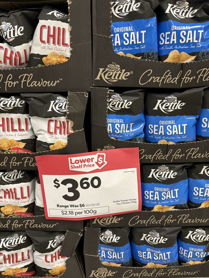 Interesting posts showing Kettle brand potato chips with a price tag, common in Aussie stores.