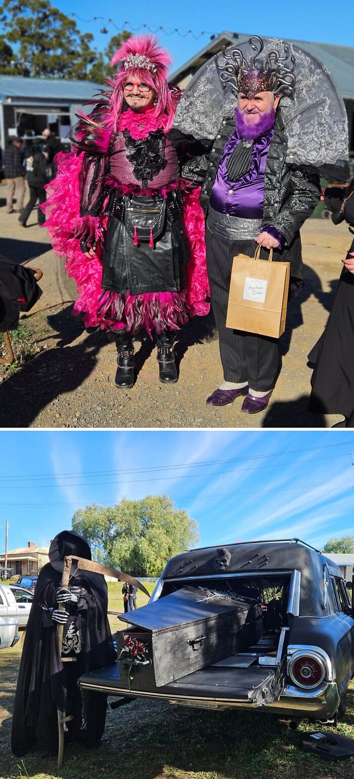 Interesting posts featuring uniquely dressed Aussies at a gathering, including a person with a coffin.