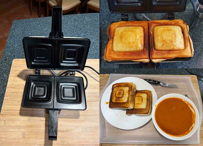 Interesting posts of a jaffle maker and cooked jaffles with a bowl of soup, Aussie style.