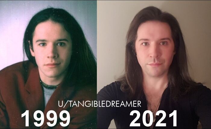 A side-by-side comparison of a man in 1999 and 2021, both showing his long hair, highlighting amazing long hair.