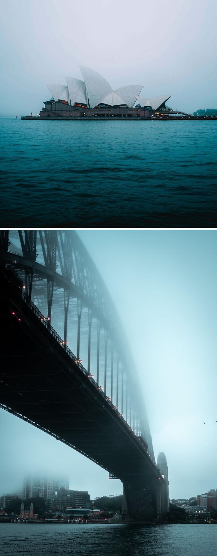 The iconic Sydney Opera House and Sydney Harbour Bridge shrouded in a moody fog, an interesting post for an Aussie.