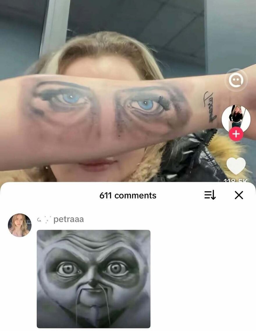 Funny internet screenshot of a weird eyes tattoo on an arm, with a user comment showing a Yoda-like face.