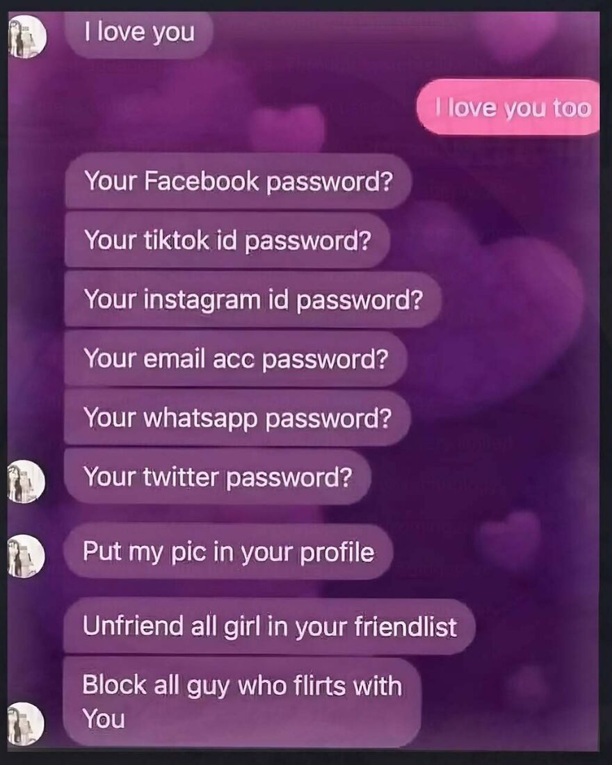 Funny internet screenshot of a text conversation asking for multiple passwords, showcasing how weird people on the internet can be.