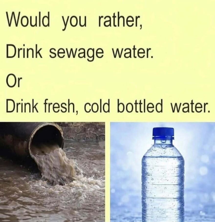 A funny screenshot of a 'Would you rather' question comparing sewage water with bottled water. It's a stupid and weird choice.