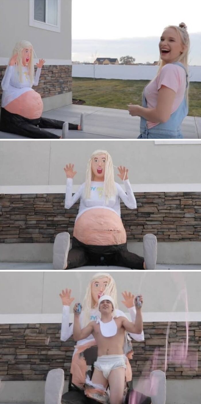 A three-panel image showing a woman with a large pregnant doll that reveals a man in a diaper, a funny gender reveal.