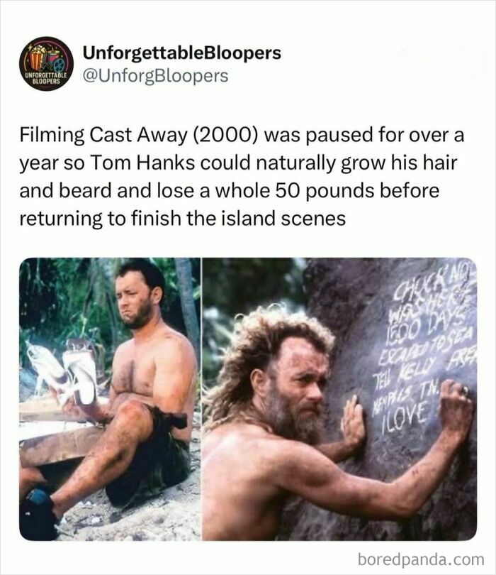 Tom Hanks as Chuck Noland in Cast Away, highlighting interesting movies and media facts.