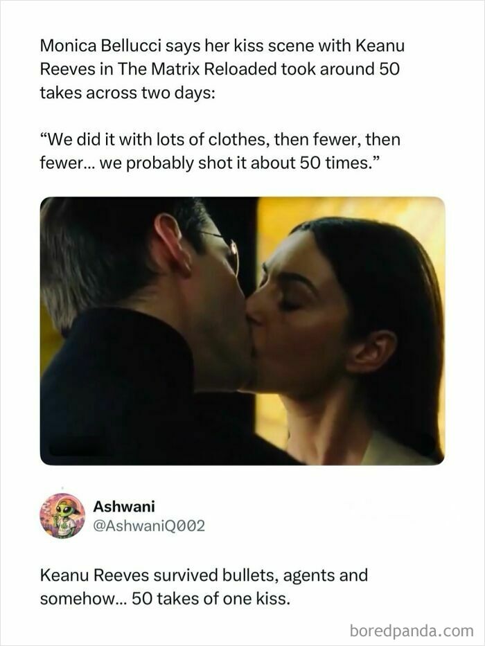 Monica Bellucci and Keanu Reeves kiss scene from The Matrix Reloaded, a cool post about TV, movies, and media.