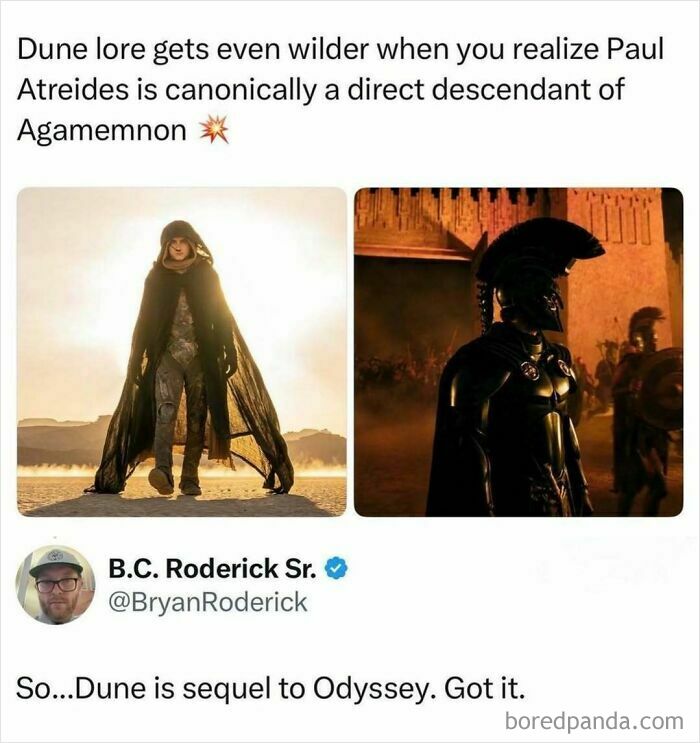 Dune lore meme connecting Paul Atreides descent to Agamemnon, discussing TV, movies, and media.