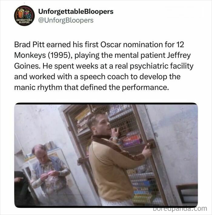 Brad Pitt as Jeffrey Goines in 12 Monkeys, an interesting post about TV, movies, and media.