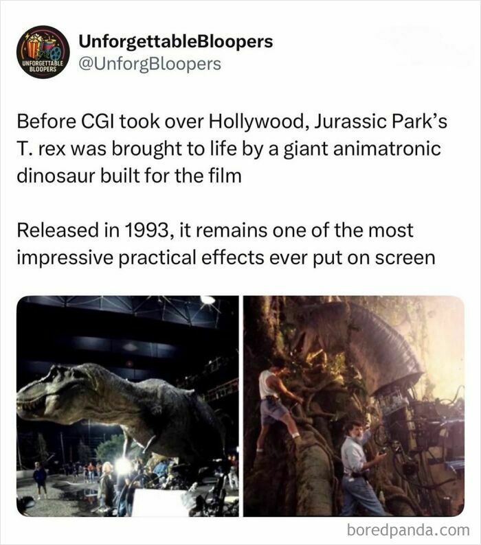 Two images showing the giant animatronic T. rex being built for the Jurassic Park movie, an impressive film.