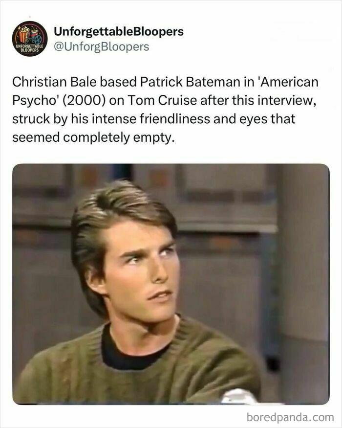 Christian Bale based Patrick Bateman on Tom Cruise. A cool and interesting post about TV, movies, and media.