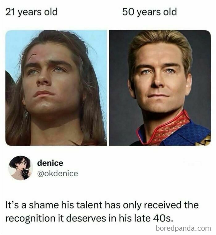 Meme comparing a young Karl Urban in TV and movies to his older look as Homelander, discussing recognition.