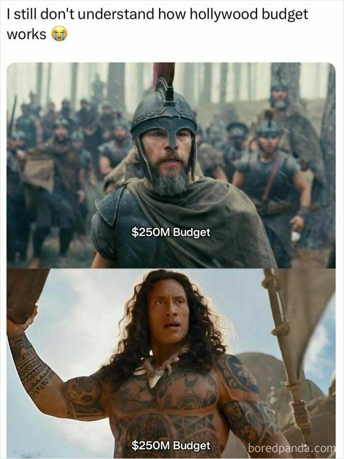 Meme comparing movie budgets for a scene from Troy and a scene with Dwayne The Rock Johnson in TV and movies.