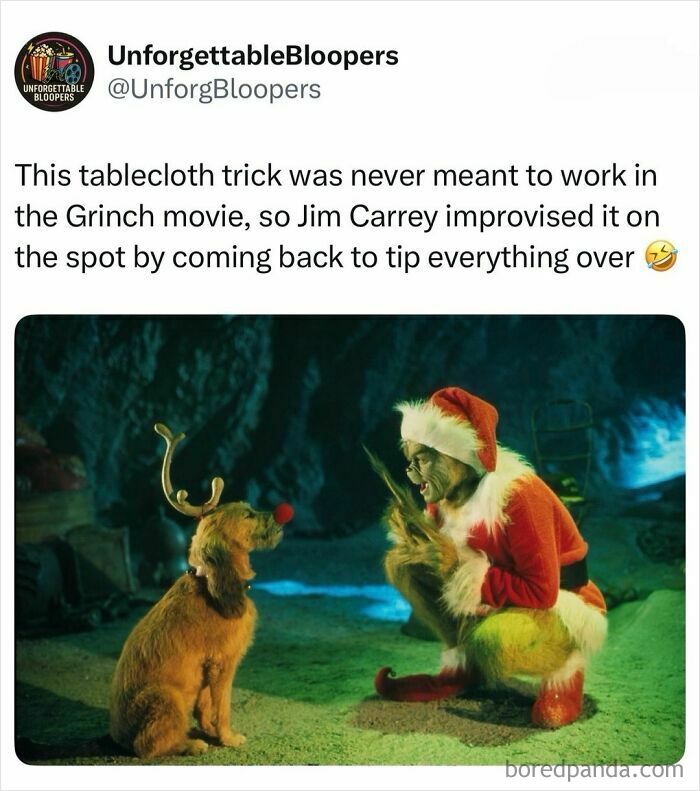 Jim Carrey as the Grinch, improvising the tablecloth trick with a reindeer in The Grinch movie, an interesting post about TV, movies, and media.