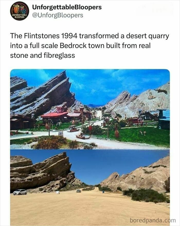Side-by-side images of a desert quarry and the constructed Bedrock town from The Flintstones movie.