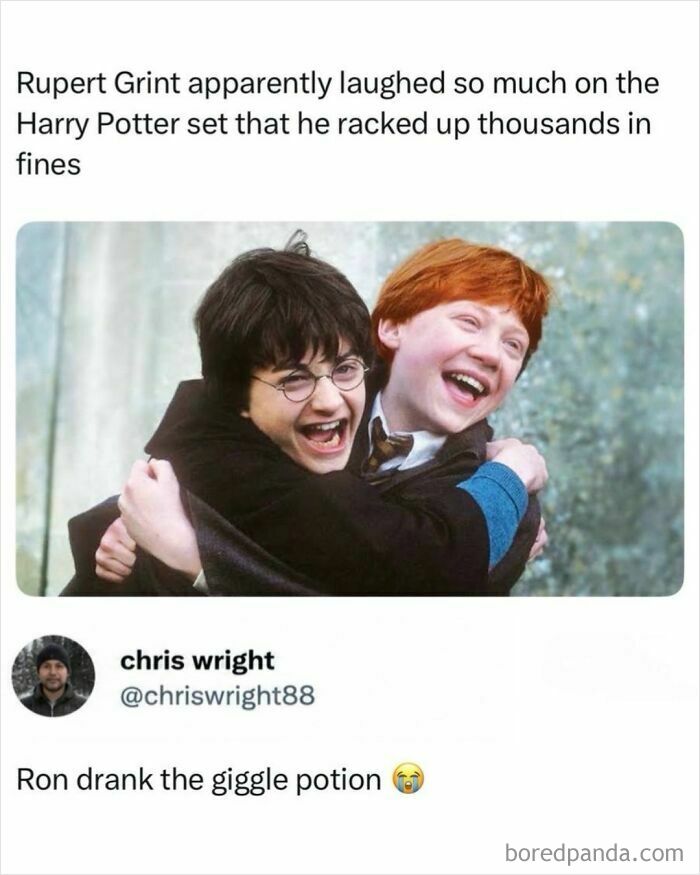 Rupert Grint and Daniel Radcliffe laughing on the Harry Potter set for TV and Movies media.