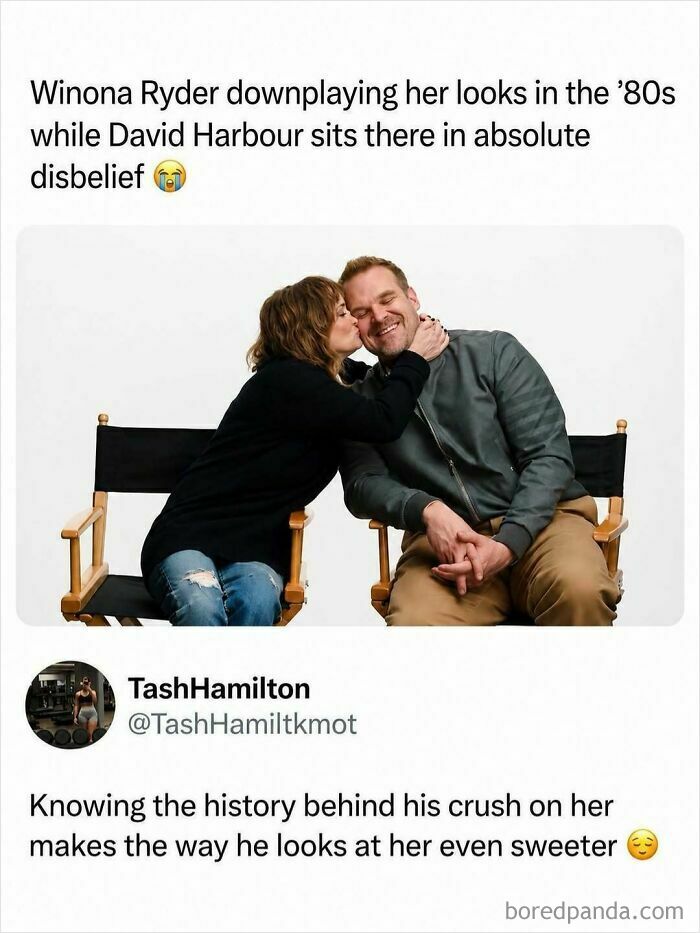 Winona Ryder kisses David Harbour on the cheek, two actors known for their movie and media work, sharing a sweet moment.