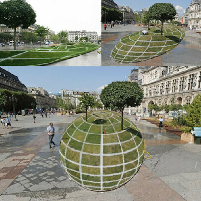 Real photos collage showing a spherical grass installation in a city square, making the brain question if it was edited.