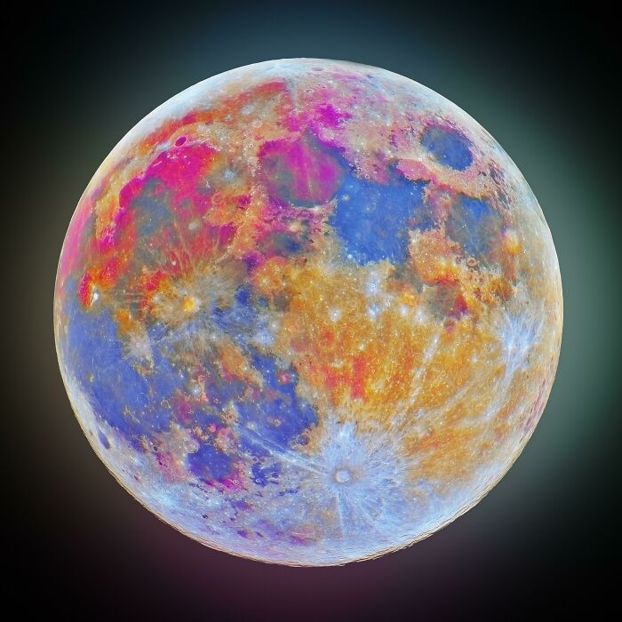 A vibrant, colorful moon with varied textures, one of the real photos that make your brain question if it's edited.