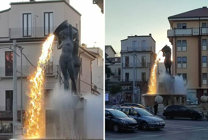 A statue with fire coming from it, creating real photos that make your brain question if they were edited.