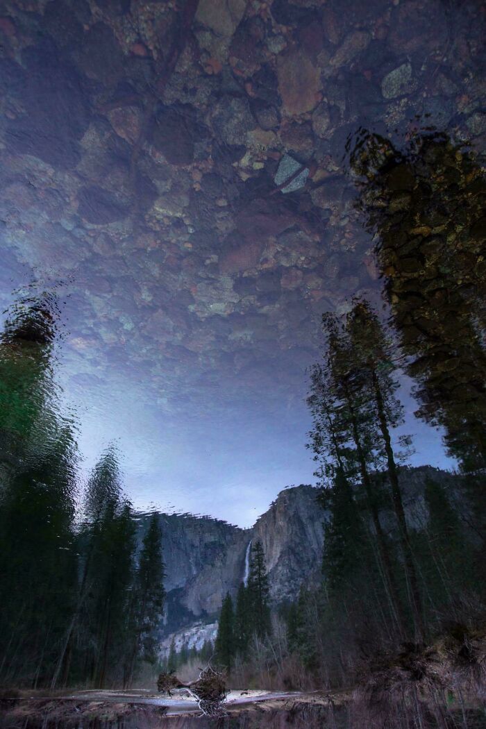 A reflection of trees and a waterfall in calm water, making the brain question if it's real.