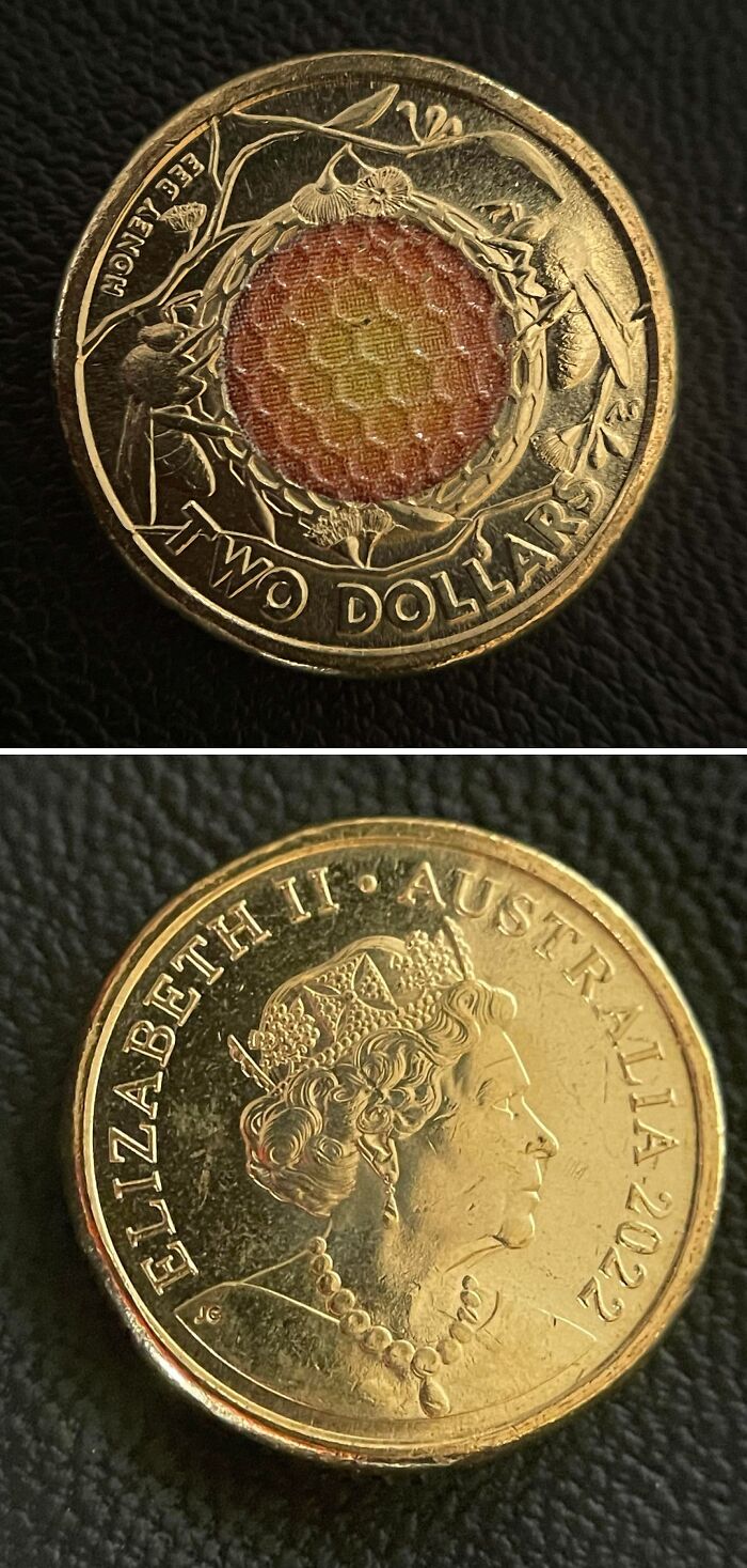 Two views of an Australian two-dollar coin with a colorful center, featuring a design for an Aussie to understand.