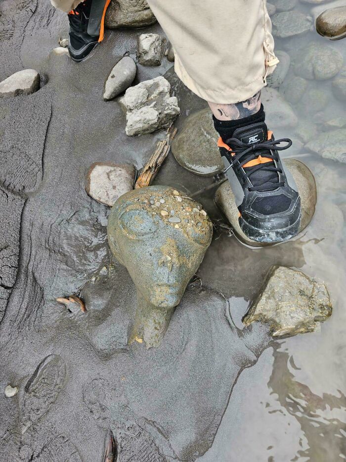 A foot stands next to a rock formation resembling an alien head in shallow water, making the brain question if the photo was edited.