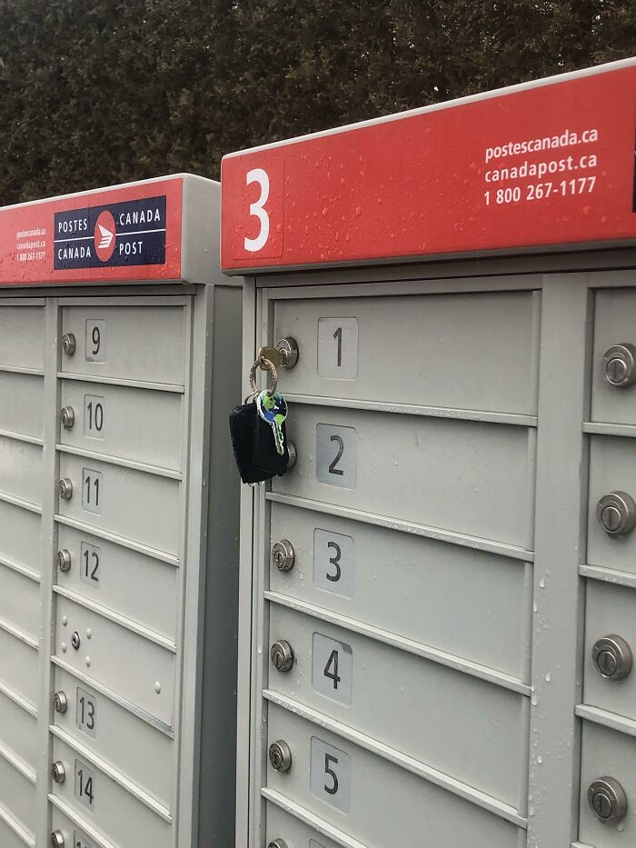 Keys left in a Canadian Post mailbox, a common way people ruin their day by forgetting something important.