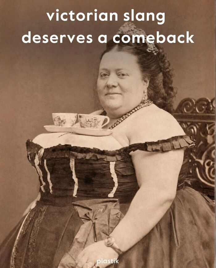 A classic painting meme of a Victorian woman balancing teacups on her chest, with text saying Victorian slang deserves a comeback. A modern-day comedy.
