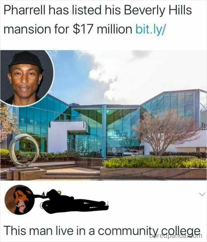 A clever clapback meme showing Pharrell Williams mansion with the roast: 'This man live in a community college.'