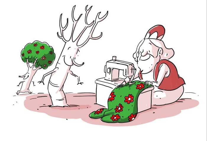 A satirical illustration showing a person sewing a flowery green dress for a bare tree while another tree stands nearby, reflecting modern society's issues.