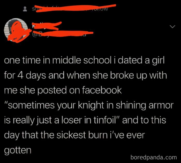 A screenshot of a tweet detailing a middle school breakup with a sick burn: a roast about a knight in shining armor.