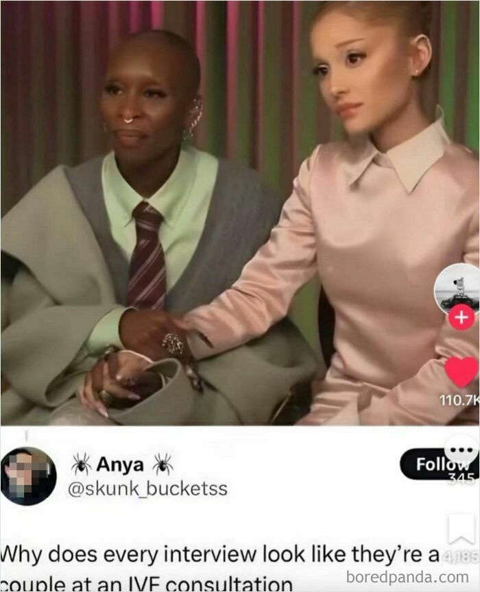 Two women, one with a shaved head and nose ring, the other with a high ponytail, sitting side-by-side, prompting a clever clapback.