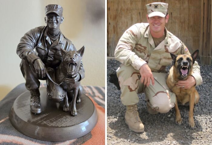 A detailed 3D printed figurine of a soldier and his dog, side-by-side with the real photo, an example of things created with a 3D printer.