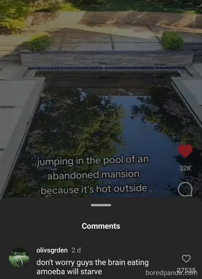 An Instagram Reels screenshot with a roast in the comments about jumping in an abandoned mansion pool and brain-eating amoebas.
