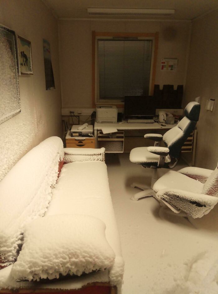 An office room covered in a thick layer of snow, a clear example of forgetting something extremely important.