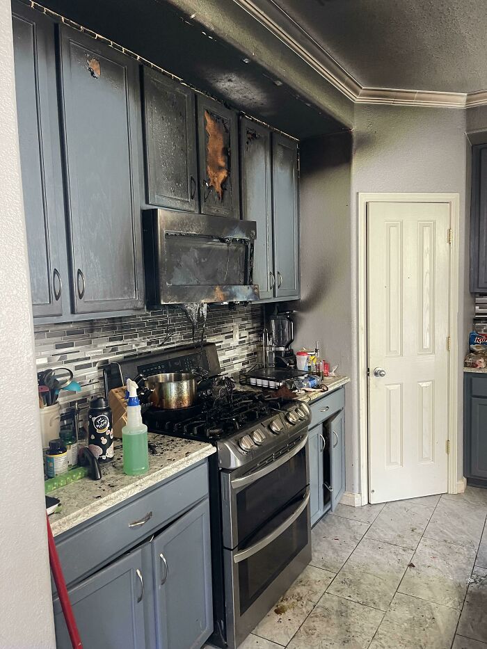 A kitchen fire damaged cabinets and appliances, a severe case of forgetting something extremely important.