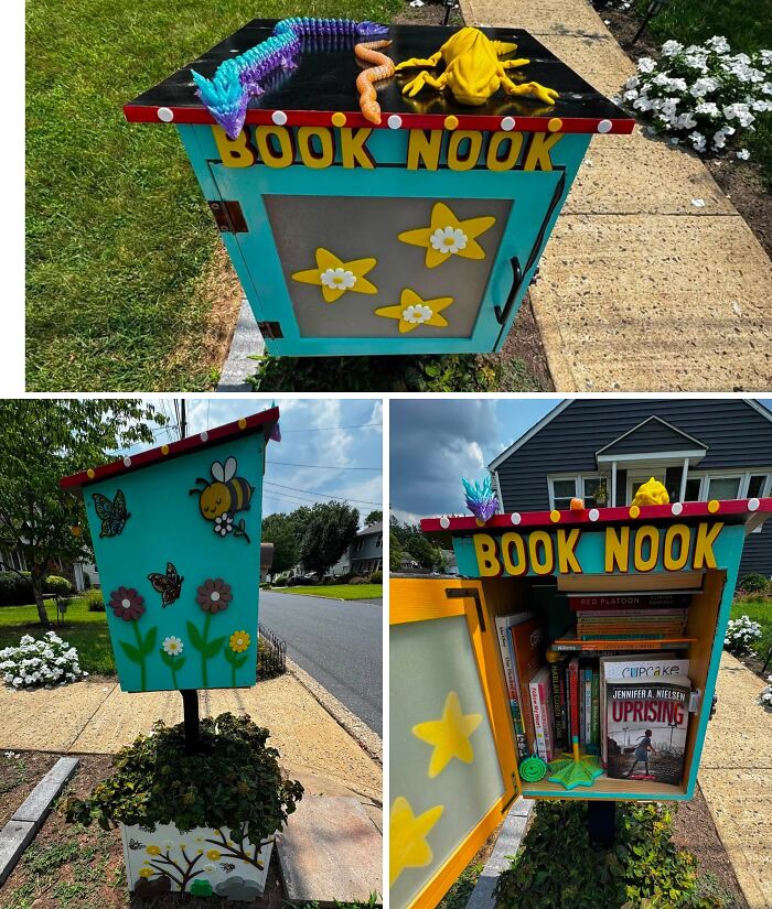 A colorful 3D printed book nook, decorated with various creatures and flowers, cool and useful things created with a 3D printer.