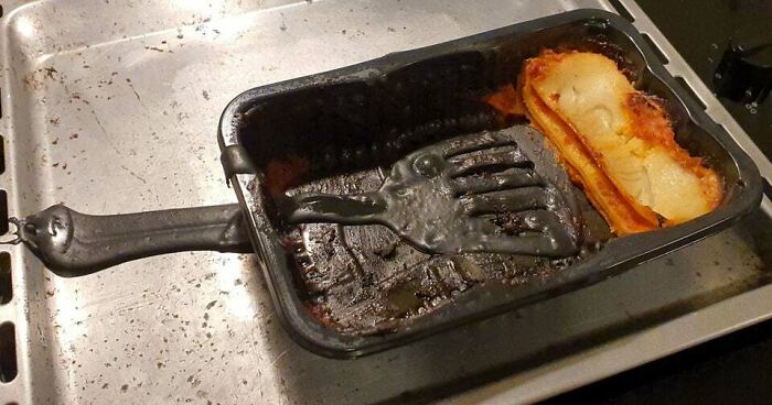A melted plastic spatula and food in an oven, showcasing how forgetting something can ruin a day.