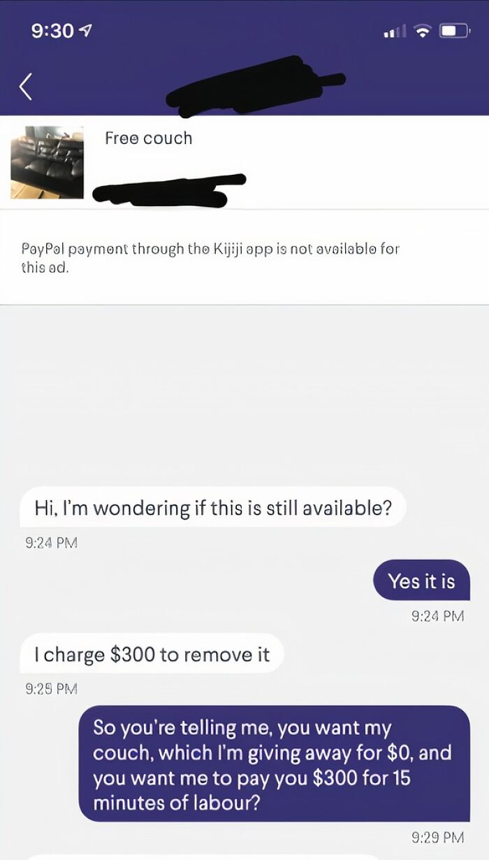 A screenshot showing a conversation with a cheap friend asking for a free couch but wants to charge for removal.