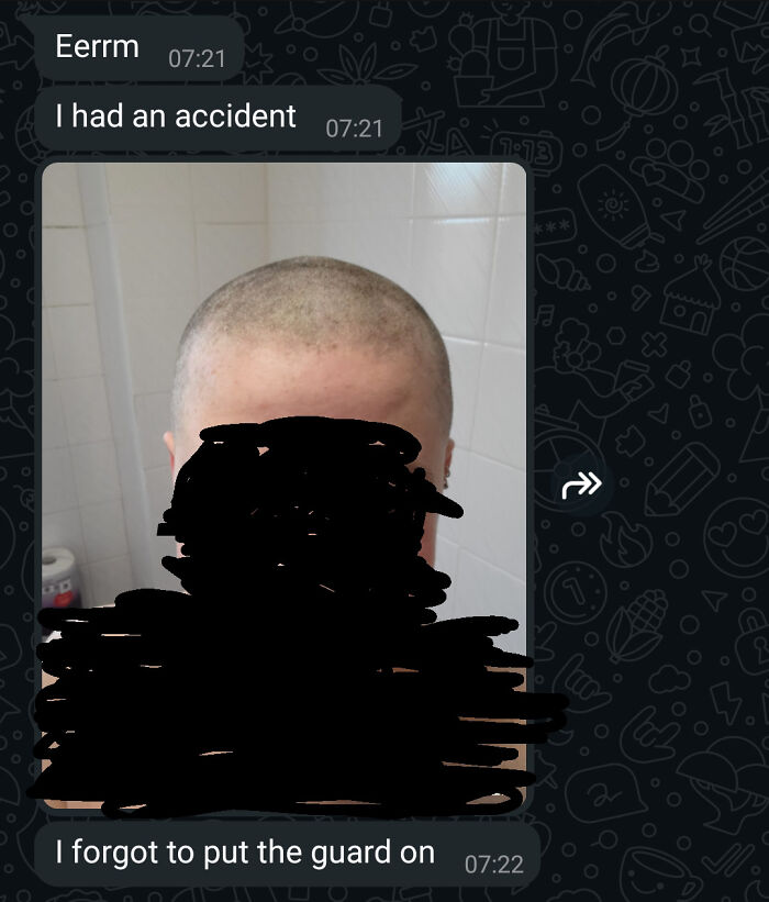 A text message exchange with a photo of a poorly shaved head, due to forgetting something important, causing an accident.