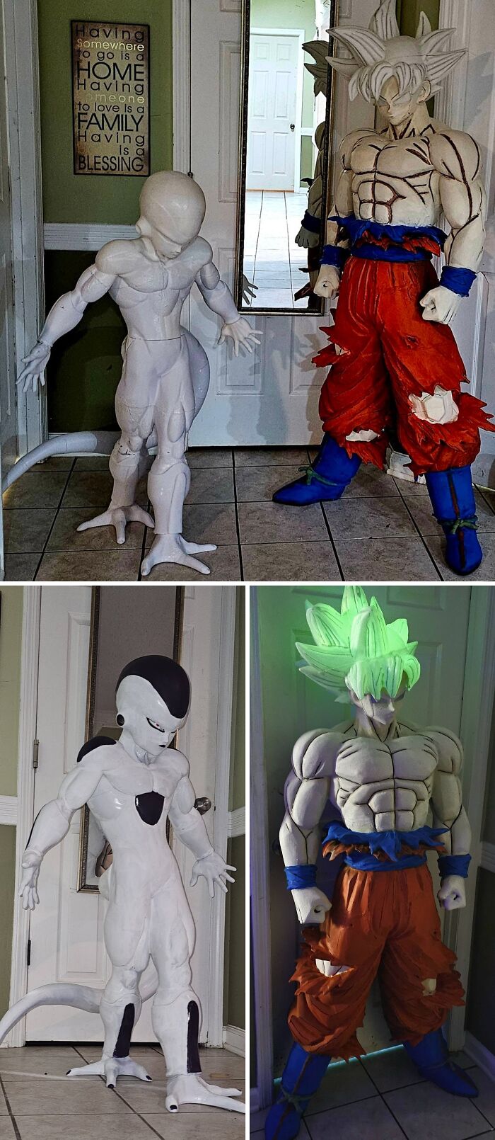 A 3D printer creation of Dragon Ball Z figures, one white and one in full color with glowing green hair.