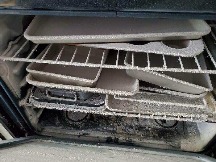 An oven full of frozen trays and shelves, showing someone forgetting to thaw items, ruining their day.
