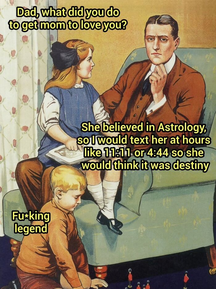 A classic painting comedy meme showing a father telling his son how he tricked their mom into loving him.