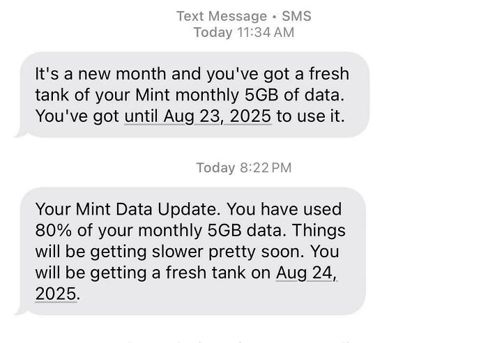 Text messages showing data limit reached and expiration date