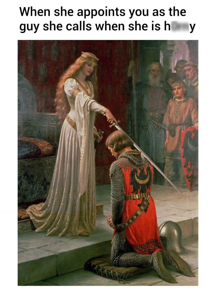 Classic painting turned into modern-day comedy art meme about a queen and a knight.